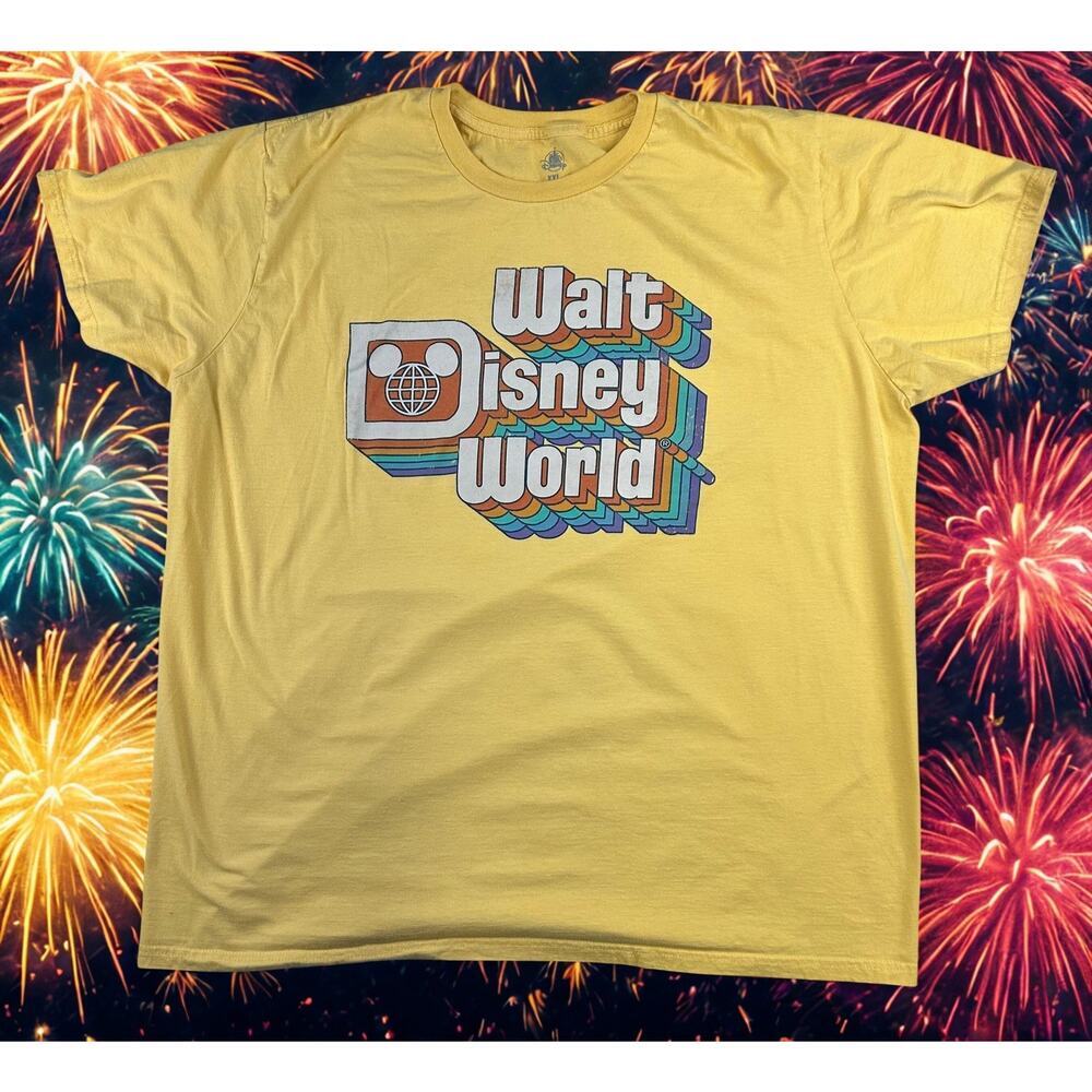 Walt Disney World Yellow Retro Style Tee Mens XXL Rainbow Graphic Short Sleeve